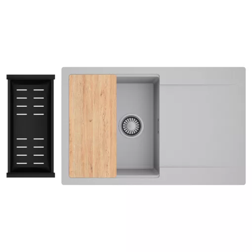 HD Onyx Grey 78 egymedencés gránit mosogatótálca szett, csepegtetőtálcával, vágódeszkával, matt fekete csepegtetőkosárral, alpesi szürke színben, szálcsiszolt króm leeresztő szifonnal