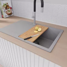 HD Onyx Grey 78 egymedencés gránit mosogatótálca szett, csepegtetőtálcával, vágódeszkával, matt fekete csepegtetőkosárral, alpesi szürke színben, szálcsiszolt króm leeresztő szifonnal