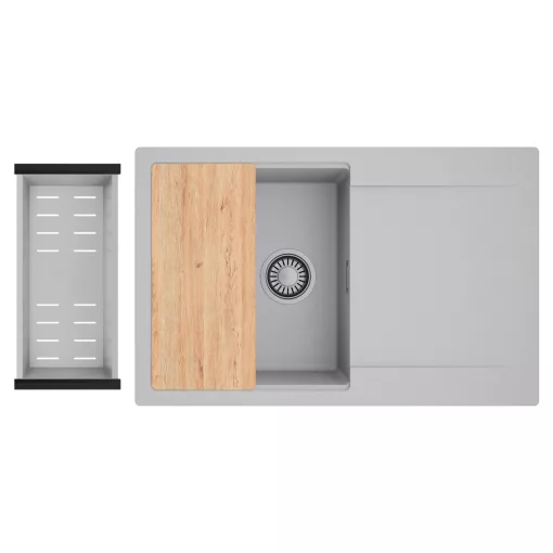 HD Onyx Grey 78 egymedencés gránit mosogatótálca szett, csepegtetőtálcával, vágódeszkával, acél csepegtetőkosárral, alpesi szürke színben, szálcsiszolt króm leeresztő szifonnal