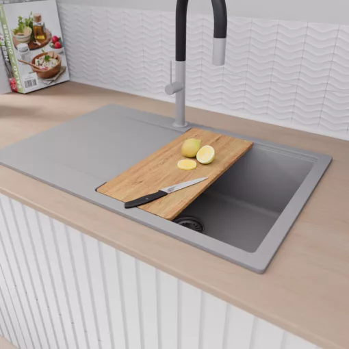 HD Onyx Grey 78 egymedencés gránit mosogatótálca szett, csepegtetőtálcával, vágódeszkával, acél csepegtetőkosárral, alpesi szürke színben, szálcsiszolt króm leeresztő szifonnal