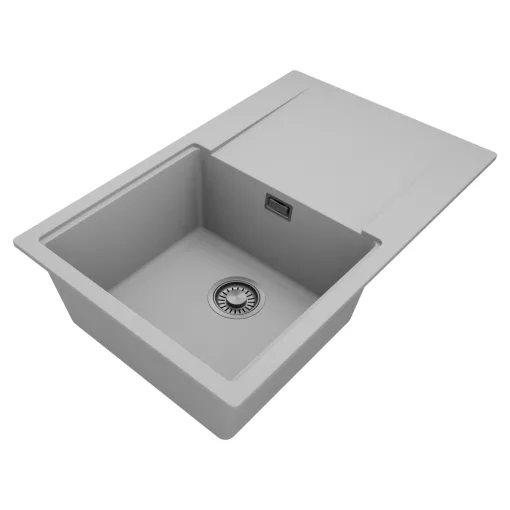 HD Onyx Grey 78 egymedencés gránit mosogatótálca, vágódeszkával, alpesi szürke színben, szálcsiszolt króm leeresztő szifonnal