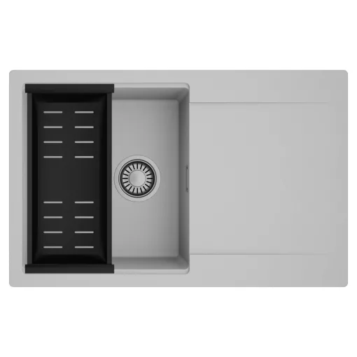 HD Onyx Grey 78 egymedencés mosogatótálca szett, matt fekete csepegtetőkosárral, csepegtetőtálcával, alpesi szürke színben, szálcsiszolt króm leeresztő szifonnal