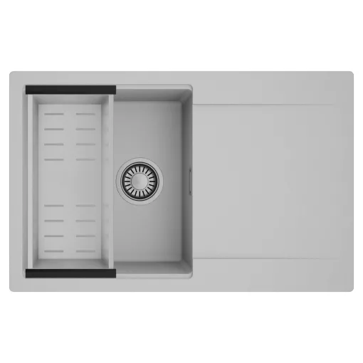 HD Onyx Grey 78 egymedencés mosogatótálca szett, acél csepegtetőkosárral, csepegtetőtálcával, alpesi szürke színben, szálcsiszolt króm leeresztő szifonnal