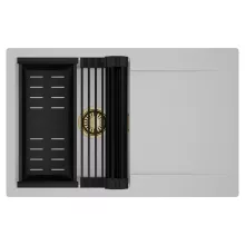 HD Onyx Grey 78 egymedencés mosogatótálca szett, matt fekete csepegtetőráccsal és kosárral, csepegtetőtálcával, alpesi szürke színben, szálcsiszolt arany leeresztő szifonnal