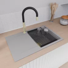 HD Onyx Grey 78 egymedencés mosogatótálca szett, matt fekete csepegtetőráccsal és kosárral, csepegtetőtálcával, alpesi szürke színben, szálcsiszolt arany leeresztő szifonnal