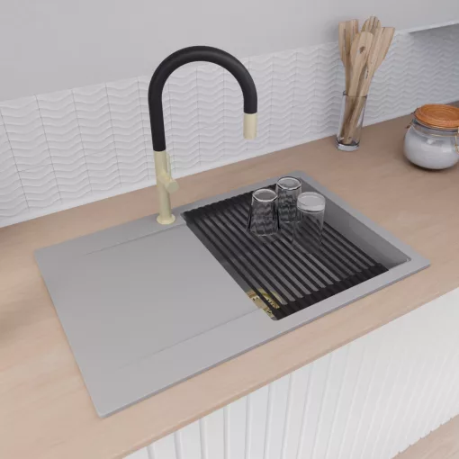 HD Onyx Grey 78 egymedencés mosogatótálca szett, matt fekete csepegtetőráccsal és kosárral, csepegtetőtálcával, alpesi szürke színben, szálcsiszolt arany leeresztő szifonnal