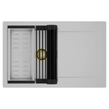 HD Onyx Grey 78 egymedencés mosogatótálca szett, matt fekete csepegtetőráccsal és krómozott kosárral, csepegtetőtálcával, alpesi szürke színben, szálcsiszolt arany leeresztő szifonnal