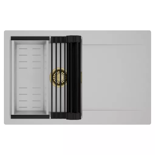 HD Onyx Grey 78 egymedencés mosogatótálca szett, matt fekete csepegtetőráccsal és krómozott kosárral, csepegtetőtálcával, alpesi szürke színben, szálcsiszolt arany leeresztő szifonnal