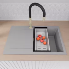 HD Onyx Grey 78 egymedencés mosogatótálca szett, matt fekete csepegtetőráccsal és krómozott kosárral, csepegtetőtálcával, alpesi szürke színben, szálcsiszolt arany leeresztő szifonnal