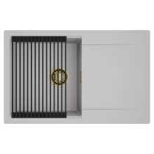 HD Onyx Grey 78 egymedencés mosogatótálca szett, matt fekete csepegtetőráccsal, csepegtetőtálcával, alpesi szürke színben, szálcsiszolt arany leeresztő szifonnal