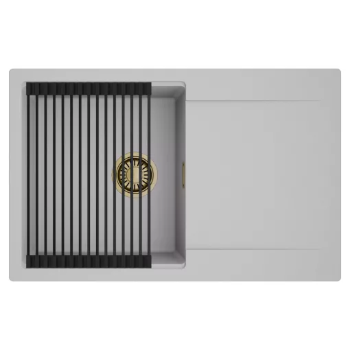 HD Onyx Grey 78 egymedencés mosogatótálca szett, matt fekete csepegtetőráccsal, csepegtetőtálcával, alpesi szürke színben, szálcsiszolt arany leeresztő szifonnal