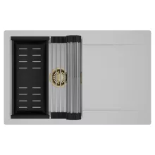 HD Onyx Grey 78 egymedencés mosogatótálca szett, acél csepegtetőráccsal és matt fekete kosárral, csepegtetőtálcával, alpesi szürke színben, szálcsiszolt arany leeresztő szifonnal