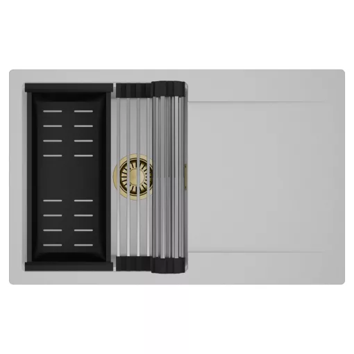 HD Onyx Grey 78 egymedencés mosogatótálca szett, acél csepegtetőráccsal és matt fekete kosárral, csepegtetőtálcával, alpesi szürke színben, szálcsiszolt arany leeresztő szifonnal