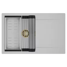 HD Onyx Grey 78 egymedencés mosogatótálca szett, acél csepegtetőráccsal és kosárral, csepegtetőtálcával, alpesi szürke színben, szálcsiszolt arany leeresztő szifonnal