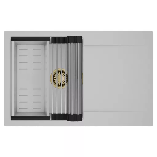 HD Onyx Grey 78 egymedencés mosogatótálca szett, acél csepegtetőráccsal és kosárral, csepegtetőtálcával, alpesi szürke színben, szálcsiszolt arany leeresztő szifonnal