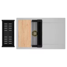 HD Onyx Grey 78 egymedencés gránit mosogatótálca szett, csepegtetőtálcával, vágódeszkával, matt fekete csepegtetőráccsal és kosárral, alpesi szürke színben, szálcsiszolt arany leeresztő szifonnal