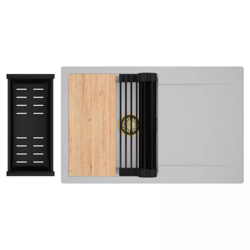 HD Onyx Grey 78 egymedencés gránit mosogatótálca szett, csepegtetőtálcával, vágódeszkával, matt fekete csepegtetőráccsal és kosárral, alpesi szürke színben, szálcsiszolt arany leeresztő szifonnal