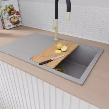 HD Onyx Grey 78 egymedencés gránit mosogatótálca szett, csepegtetőtálcával, vágódeszkával, matt fekete csepegtetőráccsal és kosárral, alpesi szürke színben, szálcsiszolt arany leeresztő szifonnal