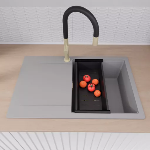 HD Onyx Grey 78 egymedencés gránit mosogatótálca szett, csepegtetőtálcával, vágódeszkával, matt fekete csepegtetőráccsal és kosárral, alpesi szürke színben, szálcsiszolt arany leeresztő szifonnal