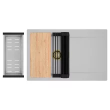 HD Onyx Grey 78 egymedencés gránit mosogatótálca szett, csepegtetőtálcával, vágódeszkával, matt fekete csepegtetőráccsal és krómozott kosárral, alpesi szürke színben, szálcsiszolt arany leeresztő szifonnal