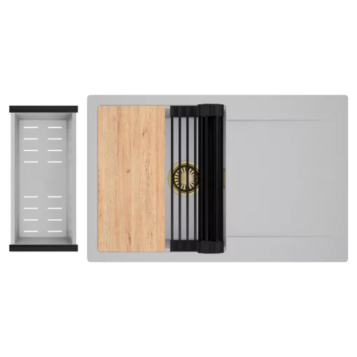 HD Onyx Grey 78 egymedencés gránit mosogatótálca szett, csepegtetőtálcával, vágódeszkával, matt fekete csepegtetőráccsal és krómozott kosárral, alpesi szürke színben, szálcsiszolt arany leeresztő szifonnal