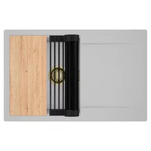 HD Onyx Grey 78 egymedencés gránit mosogatótálca szett, csepegtetőtálcával, vágódeszkával, matt fekete csepegtetőráccsal, alpesi szürke színben, szálcsiszolt arany leeresztő szifonnal