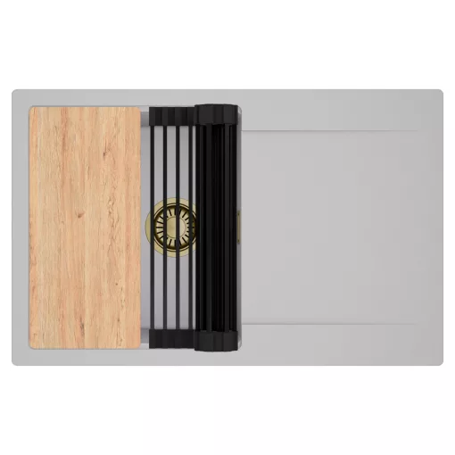 HD Onyx Grey 78 egymedencés gránit mosogatótálca szett, csepegtetőtálcával, vágódeszkával, matt fekete csepegtetőráccsal, alpesi szürke színben, szálcsiszolt arany leeresztő szifonnal