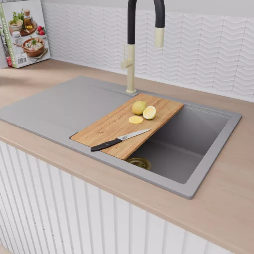 HD Onyx Grey 78 egymedencés gránit mosogatótálca szett, csepegtetőtálcával, vágódeszkával, matt fekete csepegtetőráccsal, alpesi szürke színben, szálcsiszolt arany leeresztő szifonnal