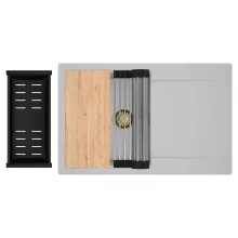 HD Onyx Grey 78 egymedencés gránit mosogatótálca szett, csepegtetőtálcával, vágódeszkával, acél csepegtetőráccsal és matt fekete kosárral, alpesi szürke színben, szálcsiszolt arany leeresztő szifonnal