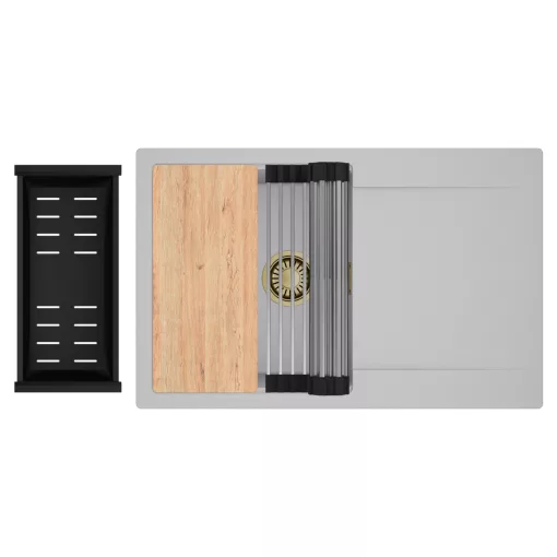 HD Onyx Grey 78 egymedencés gránit mosogatótálca szett, csepegtetőtálcával, vágódeszkával, acél csepegtetőráccsal és matt fekete kosárral, alpesi szürke színben, szálcsiszolt arany leeresztő szifonnal