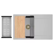 HD Onyx Grey 78 egymedencés gránit mosogatótálca szett, csepegtetőtálcával, vágódeszkával, acél csepegtetőráccsal és kosárral, alpesi szürke színben, szálcsiszolt arany leeresztő szifonnal