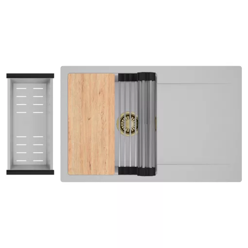 HD Onyx Grey 78 egymedencés gránit mosogatótálca szett, csepegtetőtálcával, vágódeszkával, acél csepegtetőráccsal és kosárral, alpesi szürke színben, szálcsiszolt arany leeresztő szifonnal