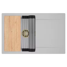 HD Onyx Grey 78 egymedencés gránit mosogatótálca szett, csepegtetőtálcával, vágódeszkával, acél csepegtetőráccsal, alpesi szürke színben, szálcsiszolt arany leeresztő szifonnal