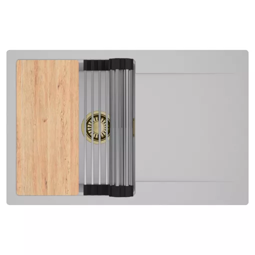 HD Onyx Grey 78 egymedencés gránit mosogatótálca szett, csepegtetőtálcával, vágódeszkával, acél csepegtetőráccsal, alpesi szürke színben, szálcsiszolt arany leeresztő szifonnal