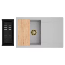 HD Onyx Grey 78 egymedencés gránit mosogatótálca szett, csepegtetőtálcával, vágódeszkával, matt fekete csepegtetőkosárral, alpesi szürke színben, szálcsiszolt arany leeresztő szifonnal