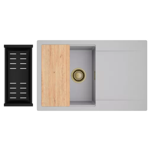 HD Onyx Grey 78 egymedencés gránit mosogatótálca szett, csepegtetőtálcával, vágódeszkával, matt fekete csepegtetőkosárral, alpesi szürke színben, szálcsiszolt arany leeresztő szifonnal