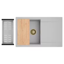 HD Onyx Grey 78 egymedencés gránit mosogatótálca szett, csepegtetőtálcával, vágódeszkával, acél csepegtetőkosárral, alpesi szürke színben, szálcsiszolt arany leeresztő szifonnal