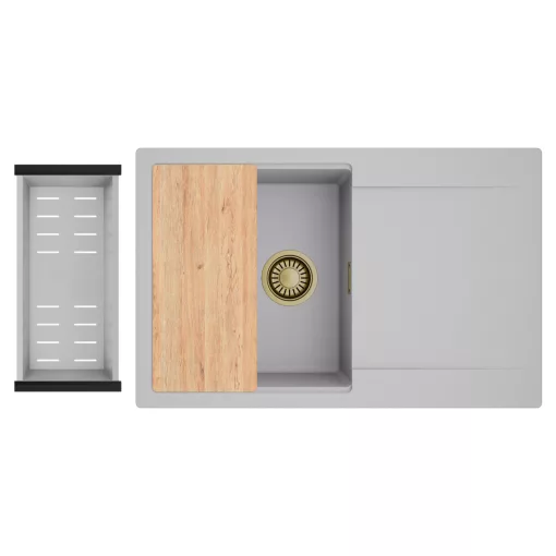 HD Onyx Grey 78 egymedencés gránit mosogatótálca szett, csepegtetőtálcával, vágódeszkával, acél csepegtetőkosárral, alpesi szürke színben, szálcsiszolt arany leeresztő szifonnal