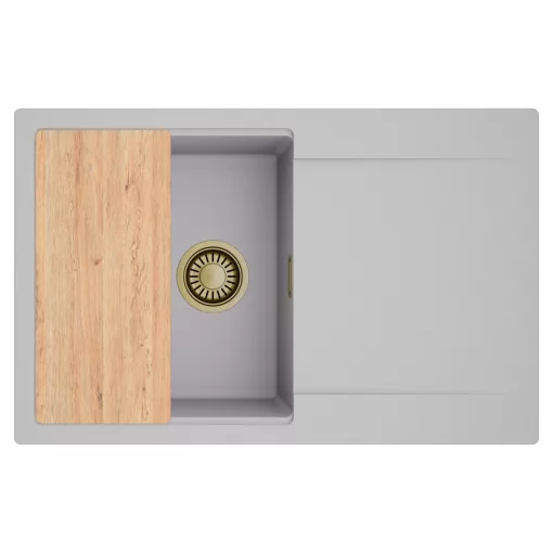 HD Onyx Grey 78 egymedencés gránit mosogatótálca, vágódeszkával, alpesi szürke színben, szálcsiszolt arany leeresztő szifonnal