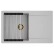 HD Onyx Grey 78 egymedencés mosogatótálca szett, acél csepegtetőráccsal, csepegtetőtálcával, alpesi szürke színben, szálcsiszolt arany leeresztő szifonnal