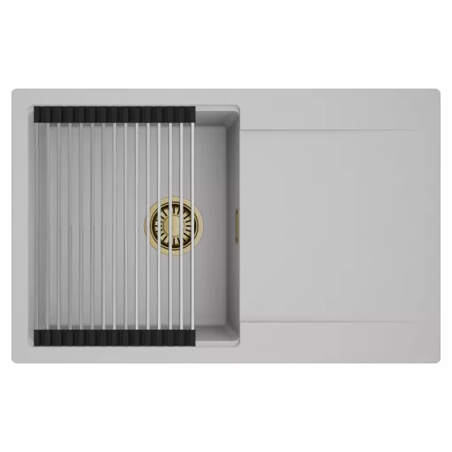 HD Onyx Grey 78 egymedencés mosogatótálca szett, acél csepegtetőráccsal, csepegtetőtálcával, alpesi szürke színben, szálcsiszolt arany leeresztő szifonnal