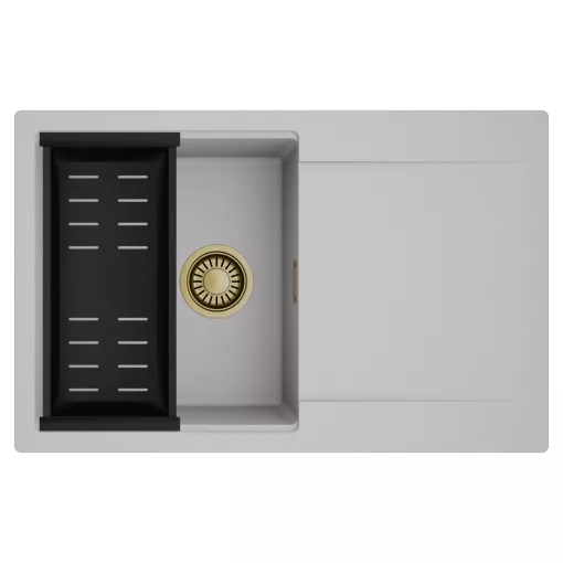 HD Onyx Grey 78 egymedencés mosogatótálca szett, matt fekete csepegtetőkosárral, csepegtetőtálcával, alpesi szürke színben, szálcsiszolt arany leeresztő szifonnal