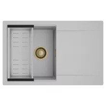 HD Onyx Grey 78 egymedencés mosogatótálca szett, acél csepegtetőkosárral, csepegtetőtálcával, alpesi szürke színben, szálcsiszolt arany leeresztő szifonnal