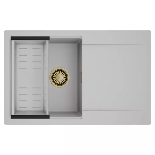 HD Onyx Grey 78 egymedencés mosogatótálca szett, acél csepegtetőkosárral, csepegtetőtálcával, alpesi szürke színben, szálcsiszolt arany leeresztő szifonnal