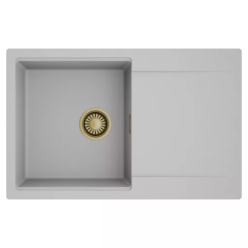 HD Onyx Grey 78 egymedencés mosogatótálca, csepegtetőtálcával, alpesi szürke színben, szálcsiszolt arany leeresztő szifonnal