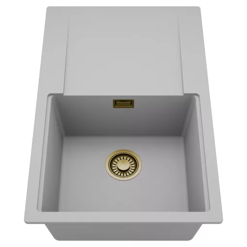 HD Onyx Grey 78 egymedencés mosogatótálca, csepegtetőtálcával, alpesi szürke színben, szálcsiszolt arany leeresztő szifonnal
