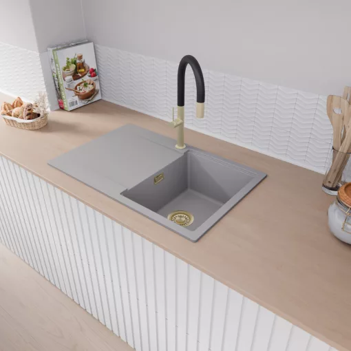 HD Onyx Grey 78 egymedencés mosogatótálca, csepegtetőtálcával, alpesi szürke színben, szálcsiszolt arany leeresztő szifonnal