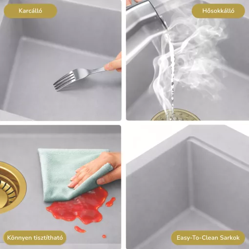 HD Onyx Grey 78 egymedencés mosogatótálca, csepegtetőtálcával, alpesi szürke színben, szálcsiszolt arany leeresztő szifonnal