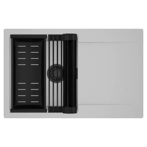 HD Onyx Grey 78 egymedencés mosogatótálca szett, matt fekete csepegtetőráccsal és kosárral, csepegtetőtálcával, alpesi szürke színben, matt fekete leeresztő szifonnal