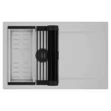 HD Onyx Grey 78 egymedencés mosogatótálca szett, matt fekete csepegtetőráccsal és krómozott kosárral, csepegtetőtálcával, alpesi szürke színben, matt fekete leeresztő szifonnal